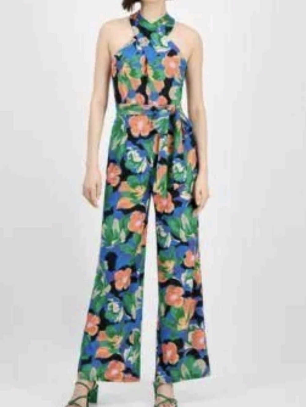 Tahari Sleeveless Twisted Halter Neck Floral Jumpsuit in Blue & Green Sz 16 NWT